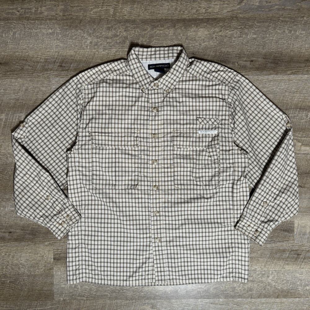 Exofficio Vented Button Up Shirt Men's M Tan Plaid Hiking Travel Outdoor